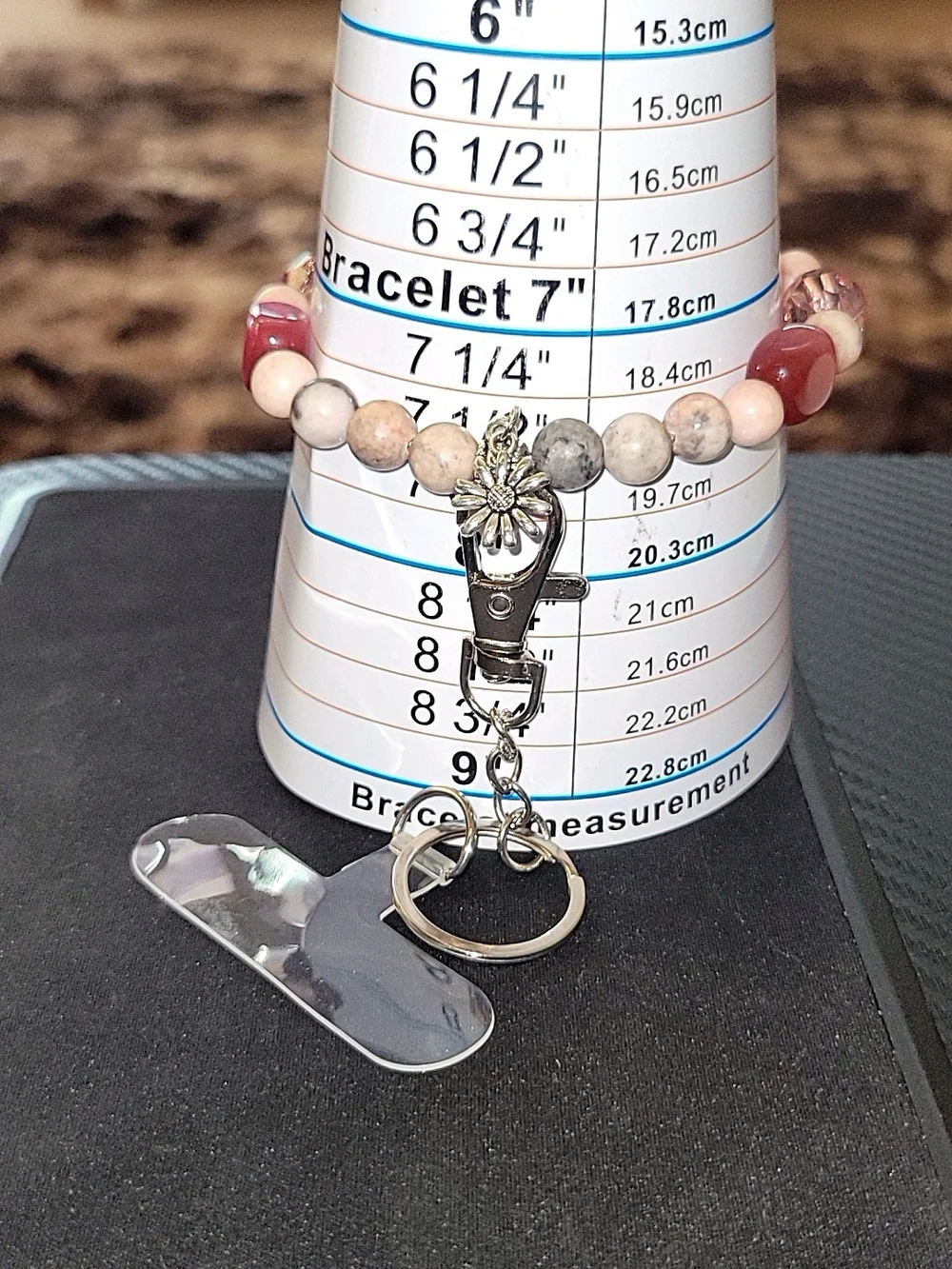 Handmade Beaded Wrist Phone Lanyard Keychain Bracelet Pink Cat's Eye Crystal